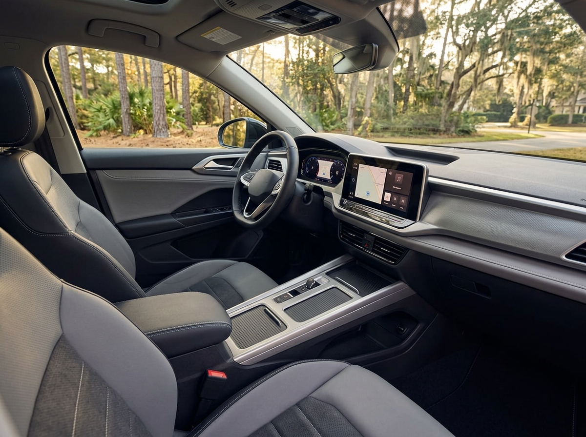 Interior view of a modern car featuring a leather-trimmed steering wheel, digital dashboard, and grey seats. (Representative image for illustration purposes only. Actual vehicle may vary based on trim and configuration.)