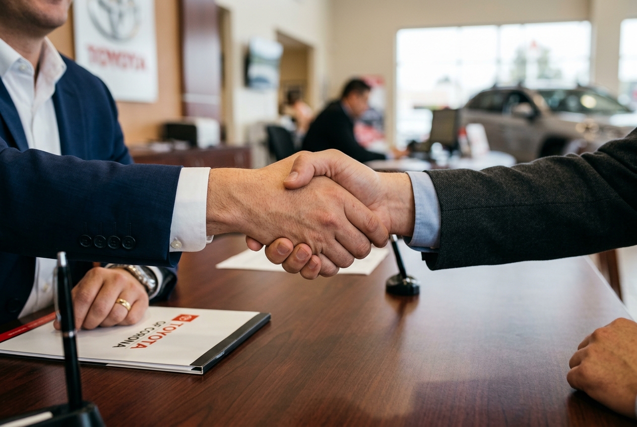 Two men in business suits shaking hands across a wooden desk inside a Toyota dealership. (Representative image for illustration purposes only. Actual vehicle may vary based on trim and configuration.)