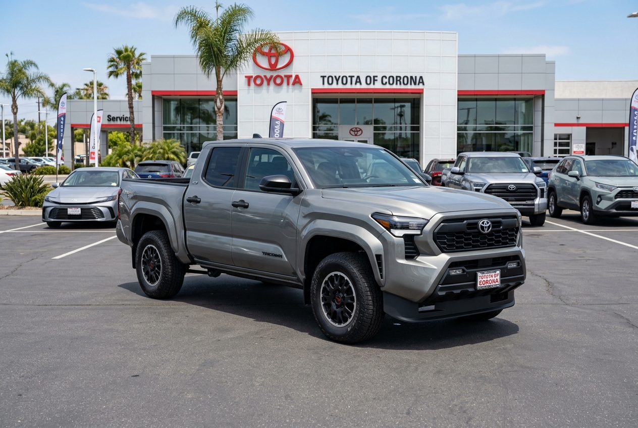 A silver metallic Toyota Tacoma pickup truck parked in front of a Toyota dealership under a clear blue sky. (Representative image for illustration purposes only. Actual vehicle may vary based on trim and configuration.)