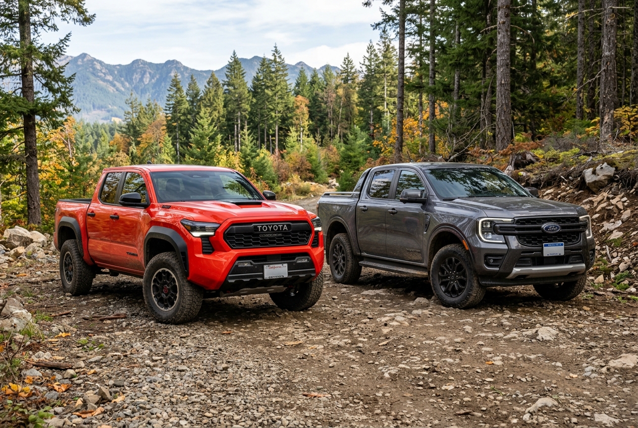 A red Toyota Tacoma and a grey Ford Ranger parked side by side on a rocky dirt road in a forest. (Representative image for illustration purposes only. Actual vehicle may vary based on trim and configuration.)