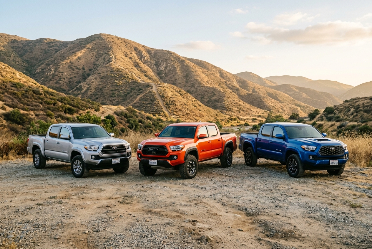Three Toyota Tacoma pickup trucks in silver, orange, and blue parked on a dirt trail against scenic hills. (Representative image for illustration purposes only. Actual vehicle may vary based on trim and configuration.)
