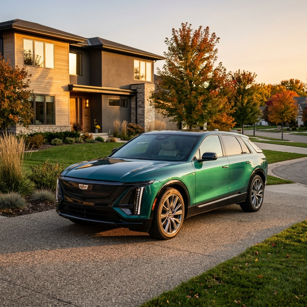Metallic green Cadillac Lyriq electric SUV parked on a concrete driveway in front of a modern house at sunset. (Representative image for illustration purposes only. Actual vehicle may vary based on trim and configuration.)