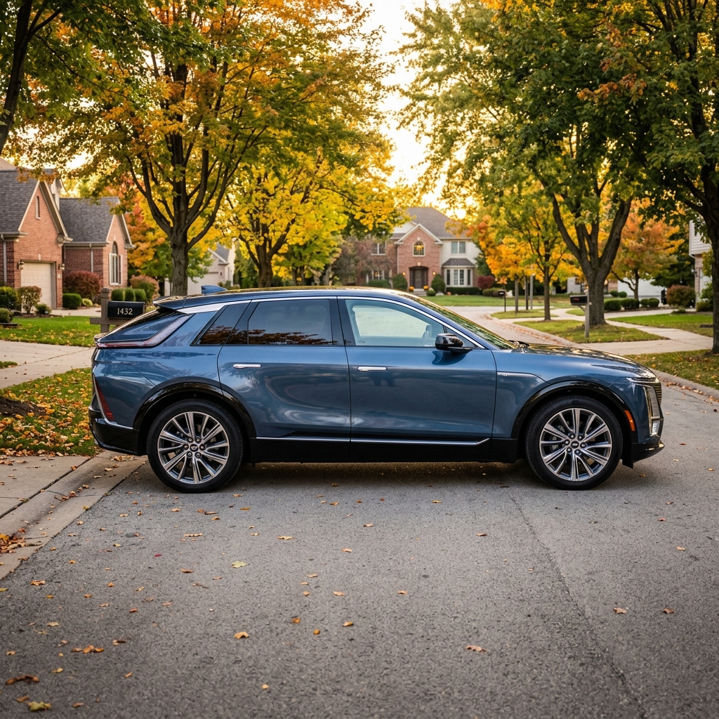 Profile view of a blue Cadillac Lyriq electric SUV parked on a quiet residential street in autumn. (Representative image for illustration purposes only. Actual vehicle may vary based on trim and configuration.)
