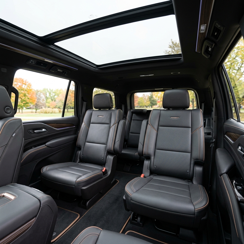 Interior view of a luxury SUV featuring black leather captain seats, copper stitching, and a panoramic sunroof. (Representative image for illustration purposes only. Actual vehicle may vary based on trim and configuration.)