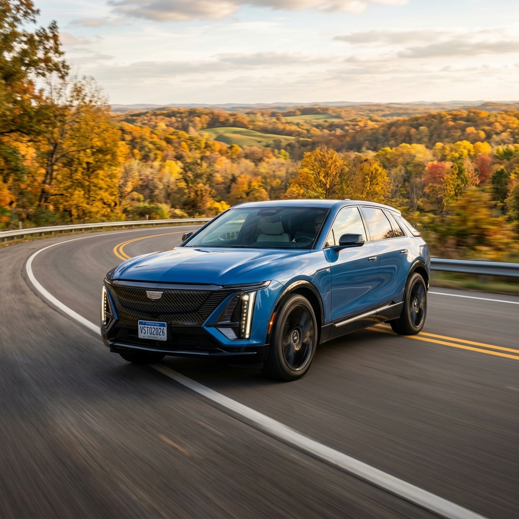 A blue Cadillac Lyriq electric SUV driving along a winding road through scenic autumn foliage. (Representative image for illustration purposes only. Actual vehicle may vary based on trim and configuration.)