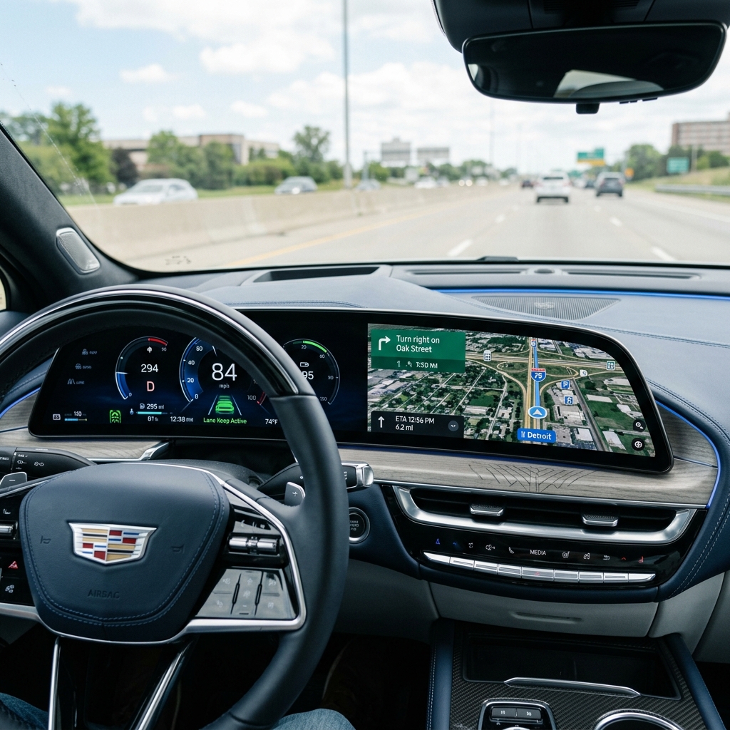 Driver's view inside a Cadillac showing a wide curved digital dashboard with navigation driving on a highway. (Representative image for illustration purposes only. Actual vehicle may vary based on trim and configuration.)