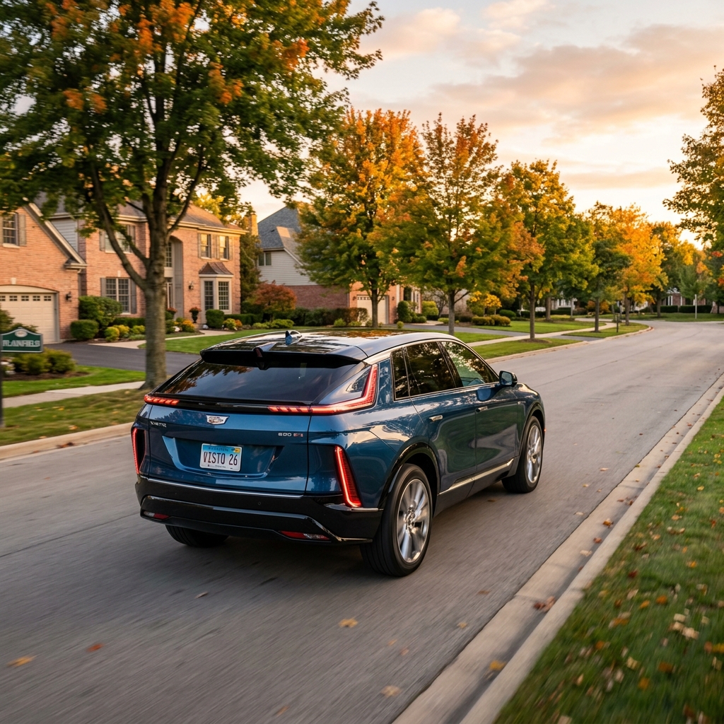 Rear view of a blue Cadillac Lyriq SUV driving on a suburban road with autumn foliage at sunset. (Representative image for illustration purposes only. Actual vehicle may vary based on trim and configuration.)