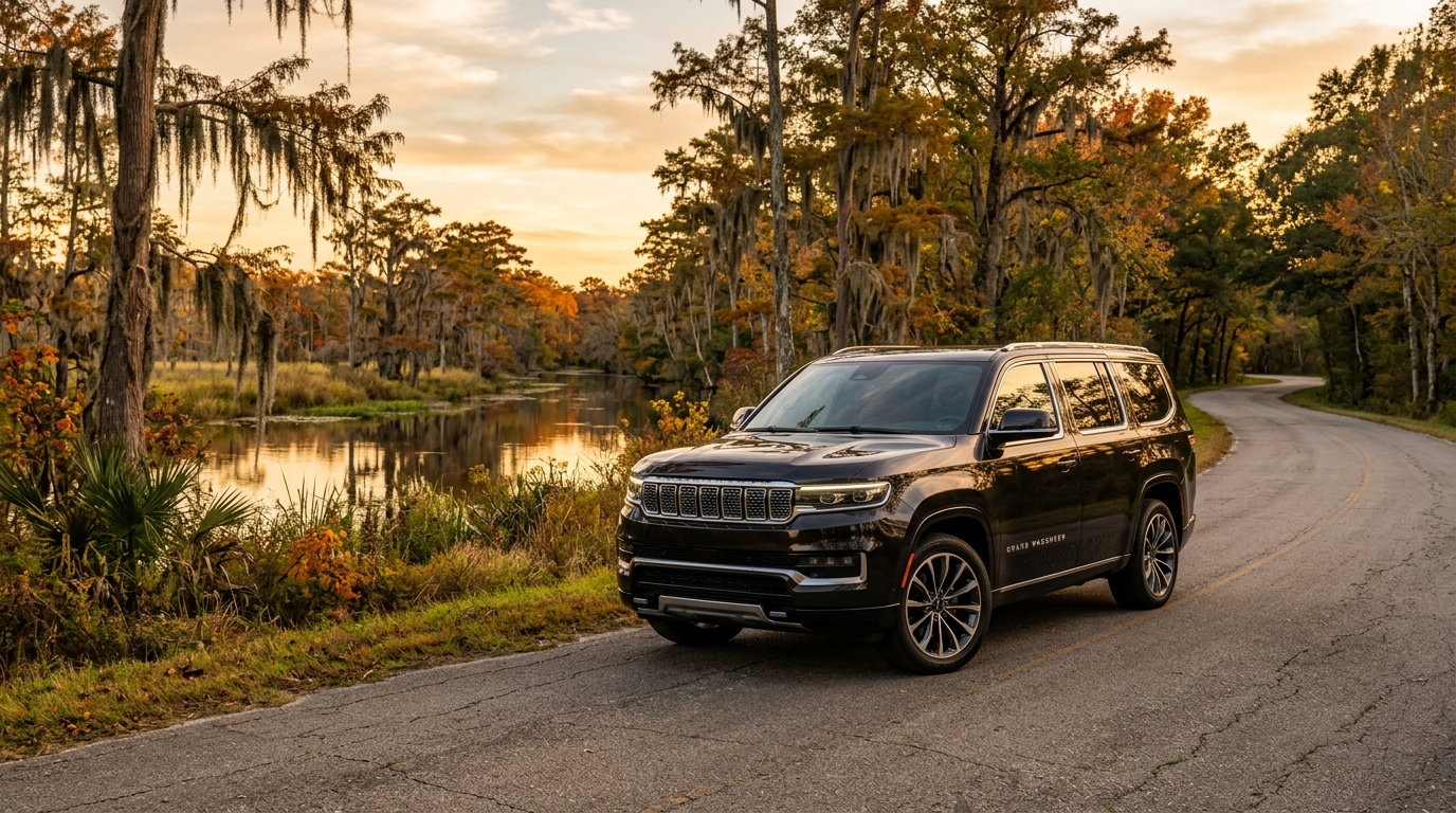 Dark brown luxury SUV parked on a winding paved road next to a cypress swamp at golden hour sunset. (Representative image for illustration purposes only. Actual vehicle may vary based on trim and configuration.)