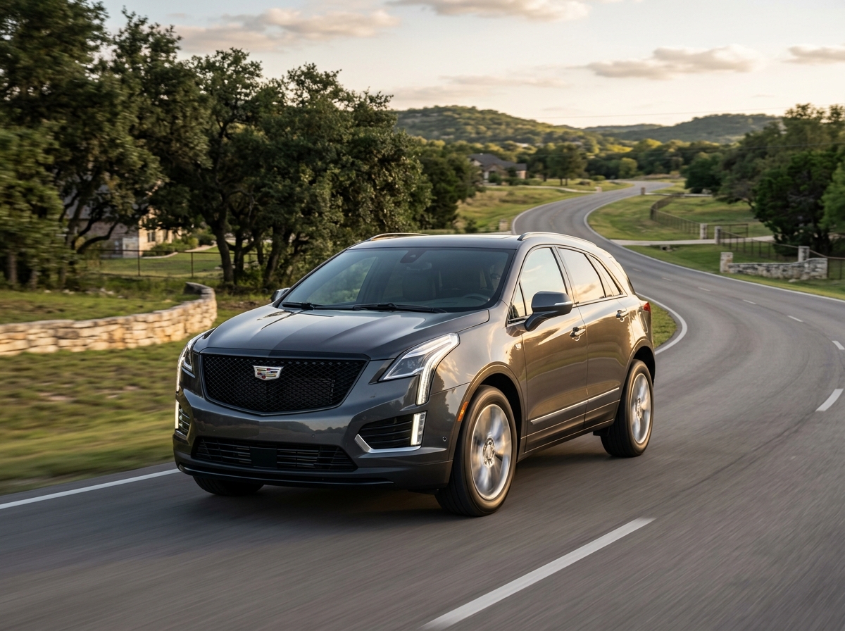 A grey Cadillac XT5 SUV driving along a winding rural road at sunset. (Representative image for illustration purposes only. Actual vehicle may vary based on trim and configuration.)