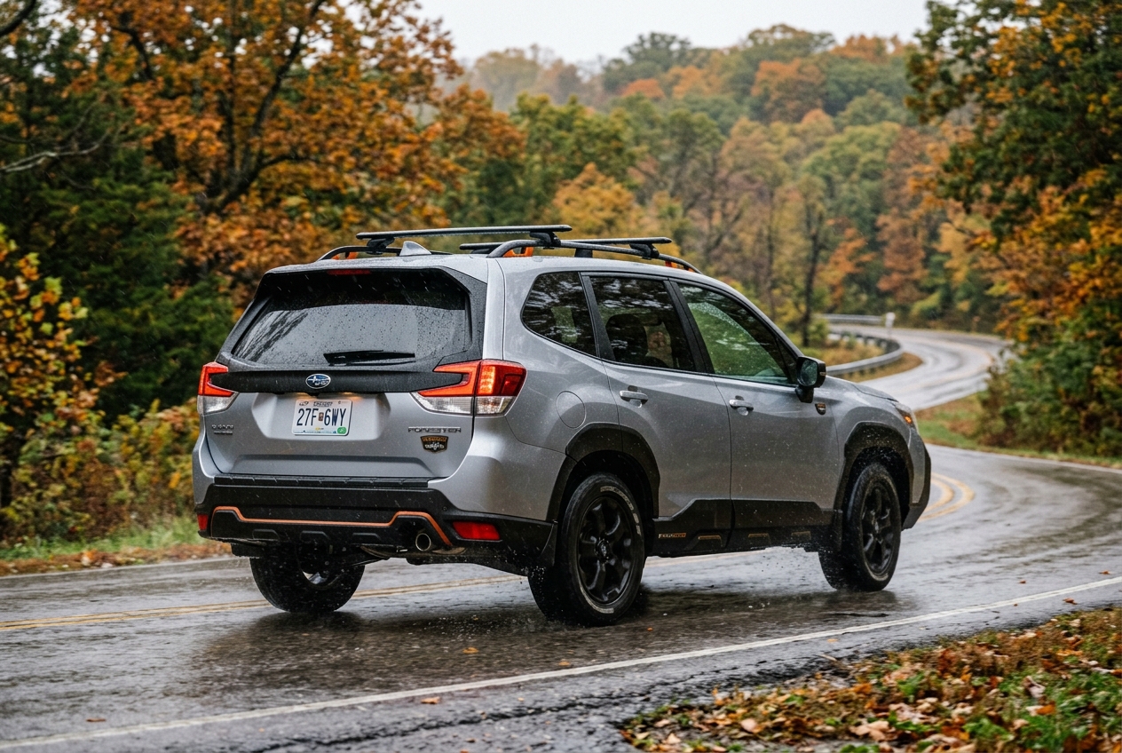 Silver Subaru Forester driving on a wet, winding road surrounded by colorful autumn foliage. (Representative image for illustration purposes only. Actual vehicle may vary based on trim and configuration.)