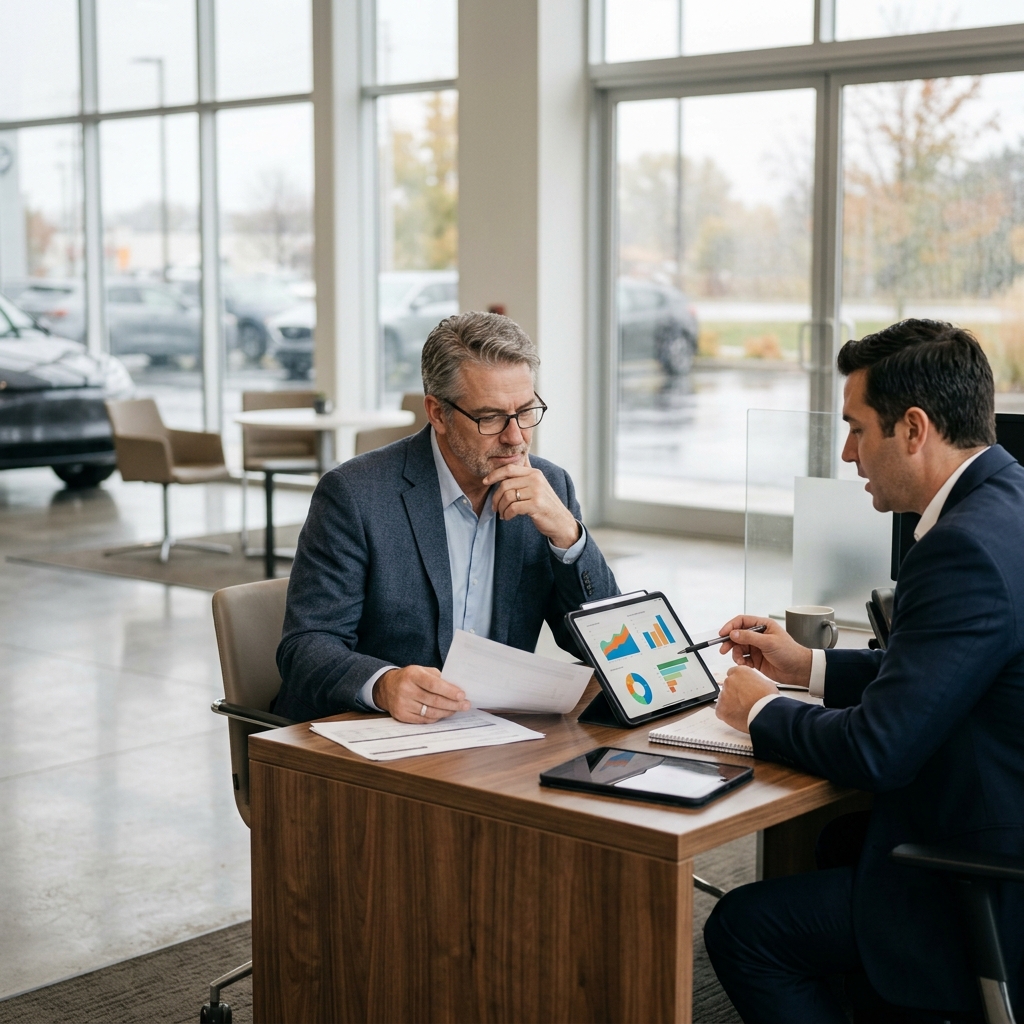 Two men in suits reviewing financial charts on a tablet and paper documents at a desk in a car dealership. (Representative image for illustration purposes only. Actual vehicle may vary based on trim and configuration.)