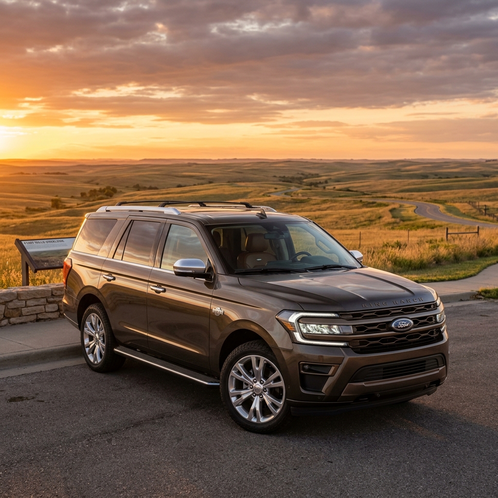 Bronze Ford Expedition King Ranch SUV parked at a scenic hill overlook during a golden sunset. (Representative image for illustration purposes only. Actual vehicle may vary based on trim and configuration.)