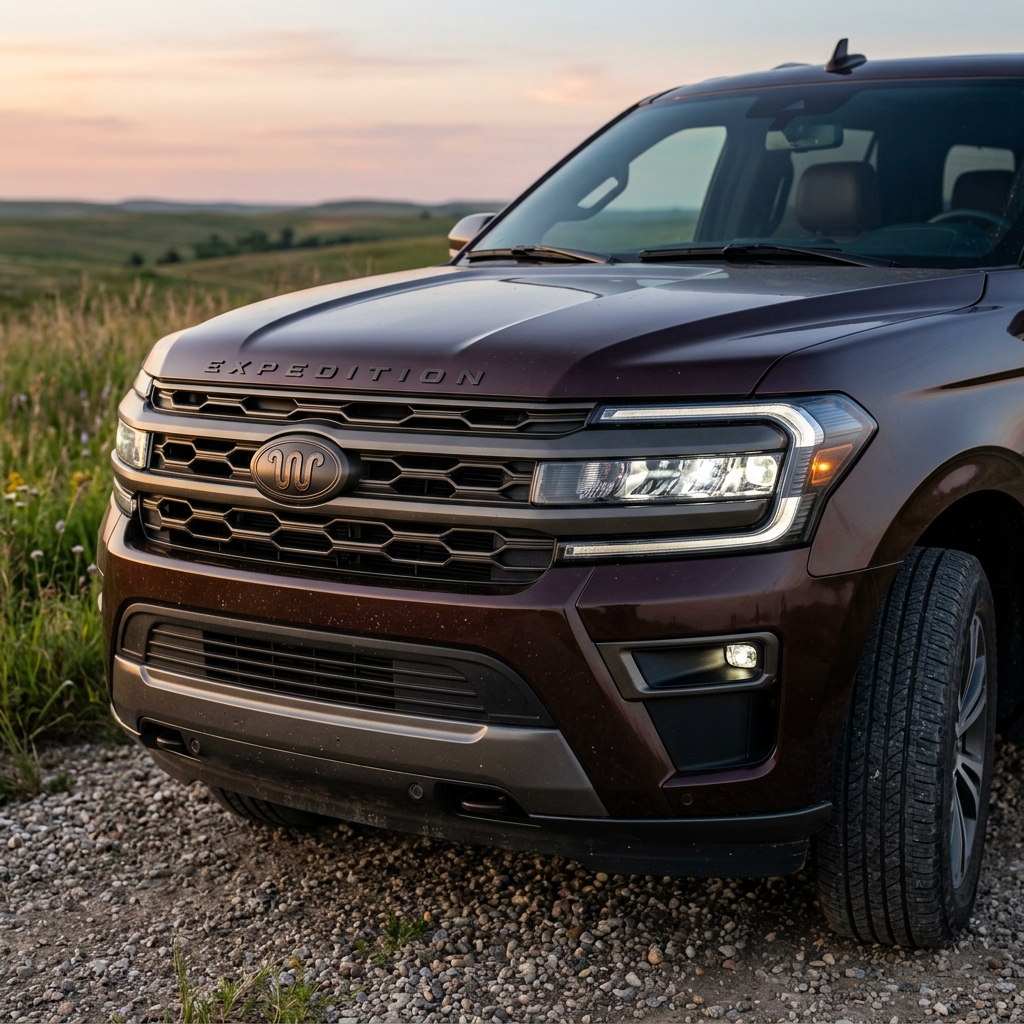 Front view of a dark bronze Ford Expedition King Ranch parked on a gravel path at sunset. (Representative image for illustration purposes only. Actual vehicle may vary based on trim and configuration.)