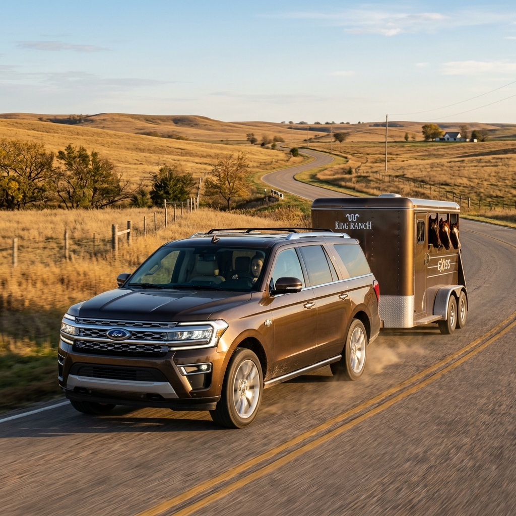 A brown Ford Expedition King Ranch SUV driving on a rural road while towing a horse trailer with horses inside. (Representative image for illustration purposes only. Actual vehicle may vary based on trim and configuration.)
