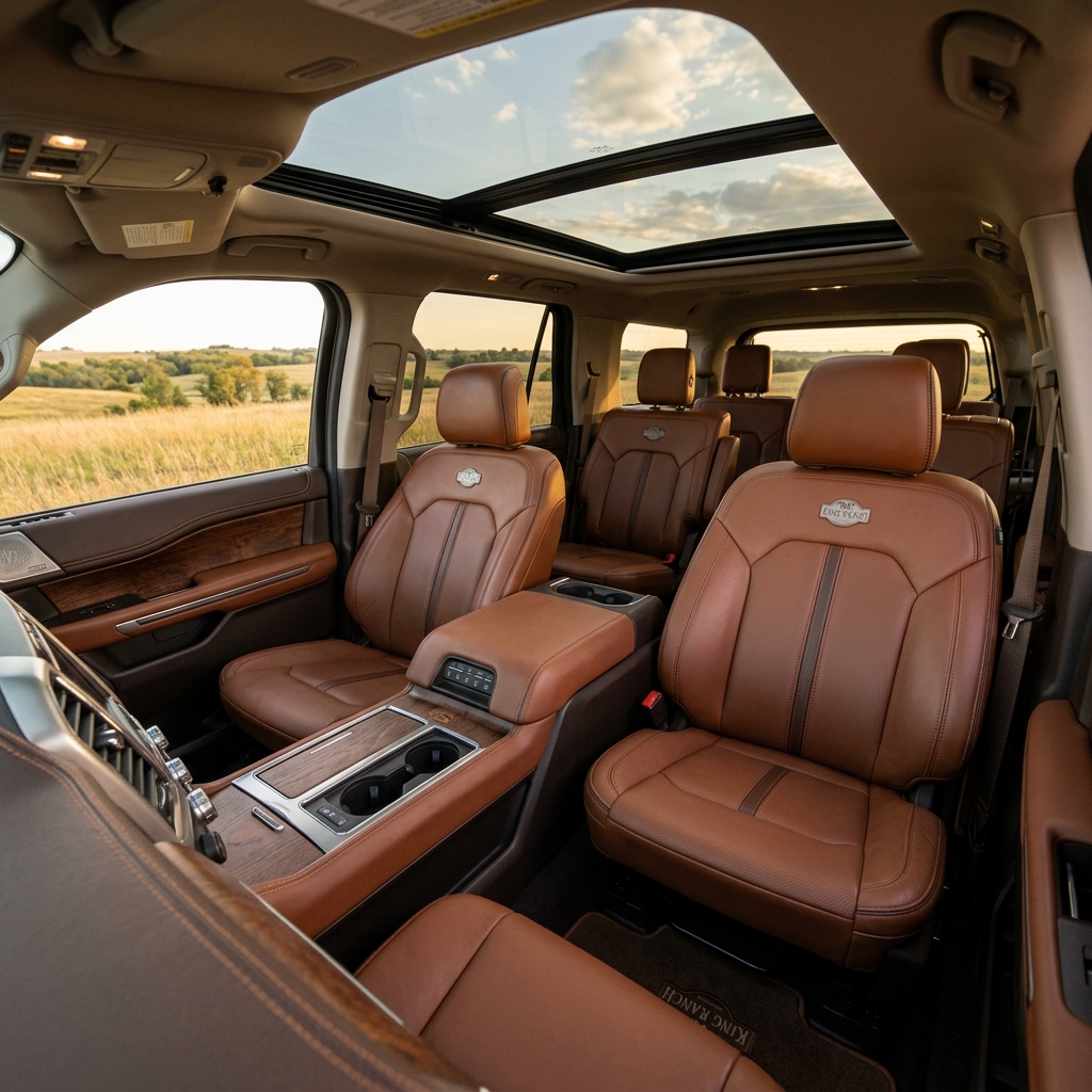 Brown leather interior of a luxury SUV with a panoramic sunroof and wood trim. (Representative image for illustration purposes only. Actual vehicle may vary based on trim and configuration.)