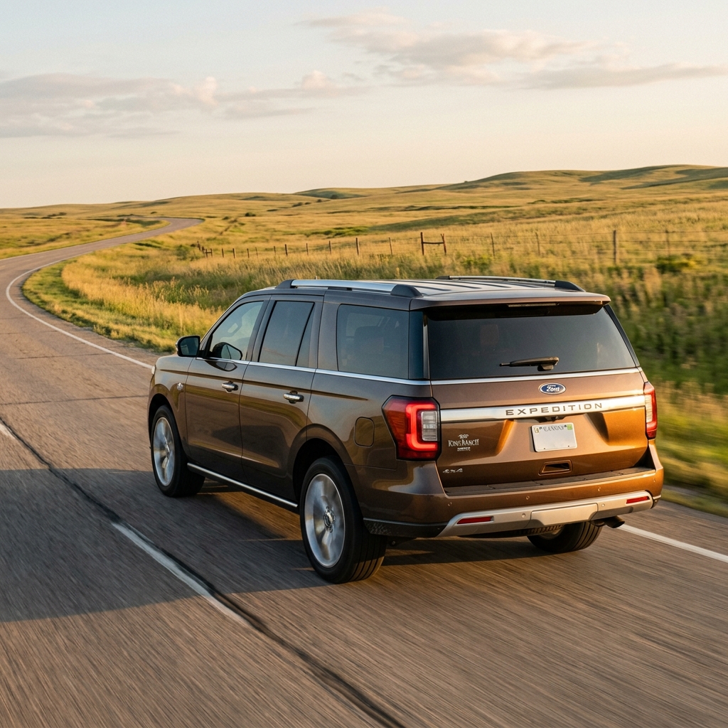 Bronze Ford Expedition King Ranch SUV driving along a winding rural paved road past rolling green hills. (Representative image for illustration purposes only. Actual vehicle may vary based on trim and configuration.)