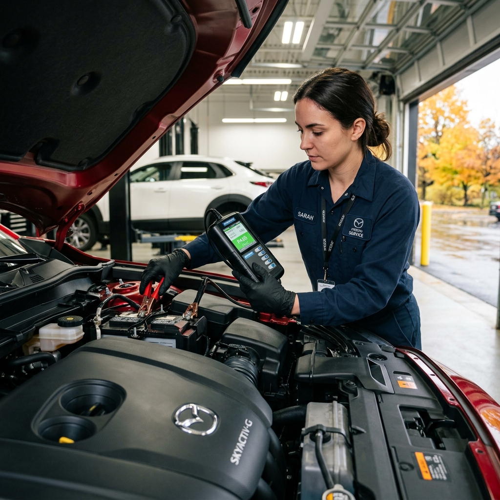 A technician in a Mazda Service uniform uses a handheld diagnostic tool to test a car battery under an open hood. (Representative image for illustration purposes only. Actual vehicle may vary based on trim and configuration.)