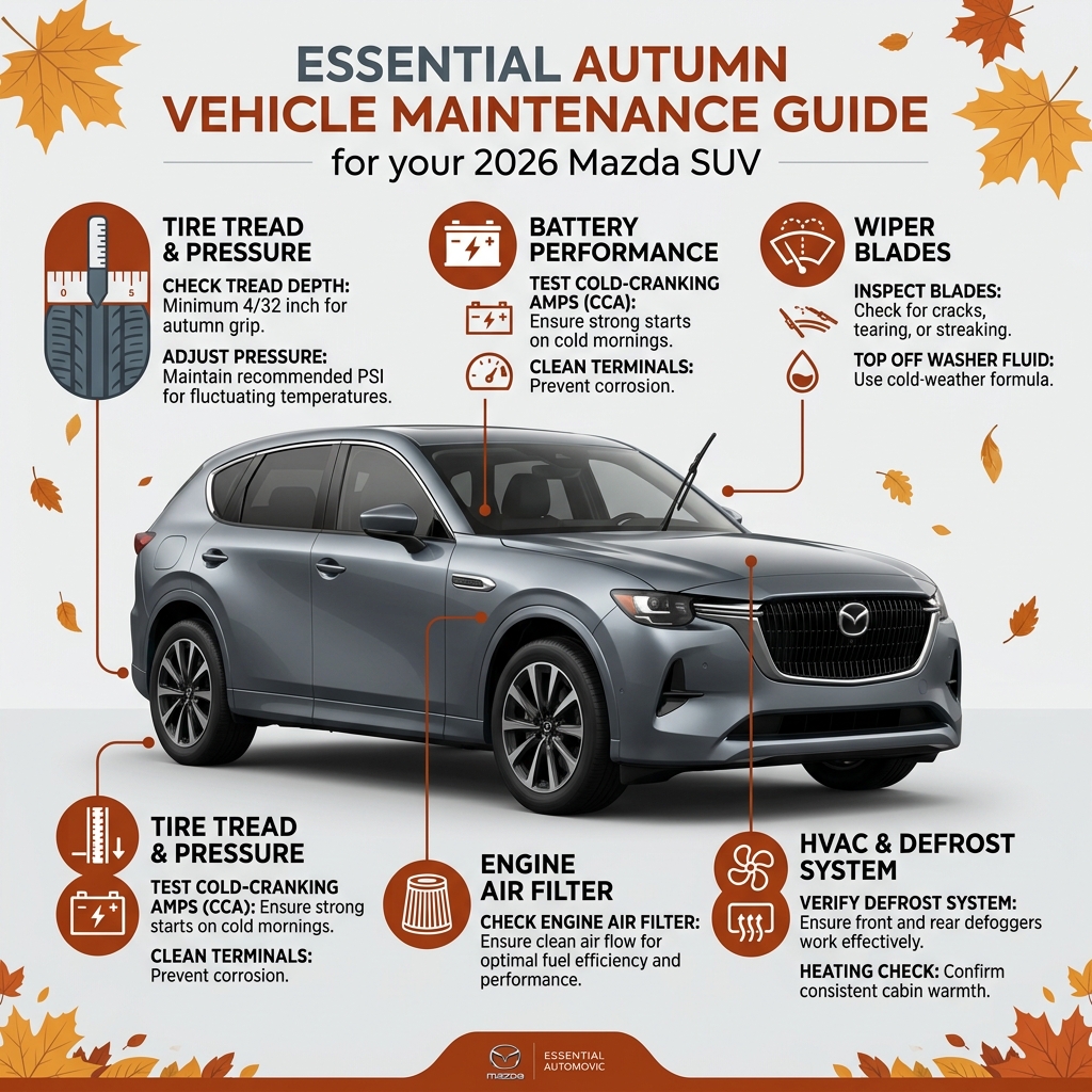 Infographic showing autumn vehicle maintenance tips for a grey Mazda SUV, highlighting tires, battery, and HVAC. (Representative image for illustration purposes only. Actual vehicle may vary based on trim and configuration.)