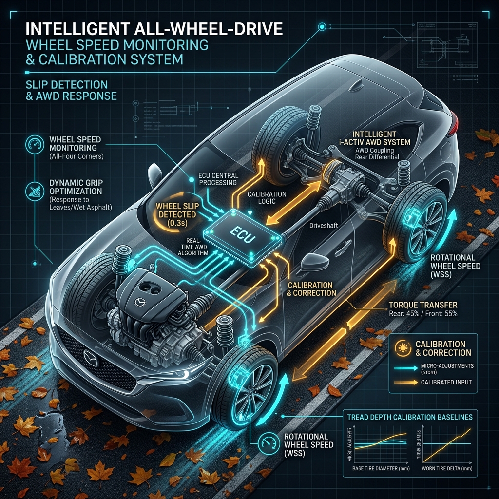 Technical diagram of an intelligent all-wheel-drive system monitoring wheel speed and torque transfer on a car. (Representative image for illustration purposes only. Actual vehicle may vary based on trim and configuration.)