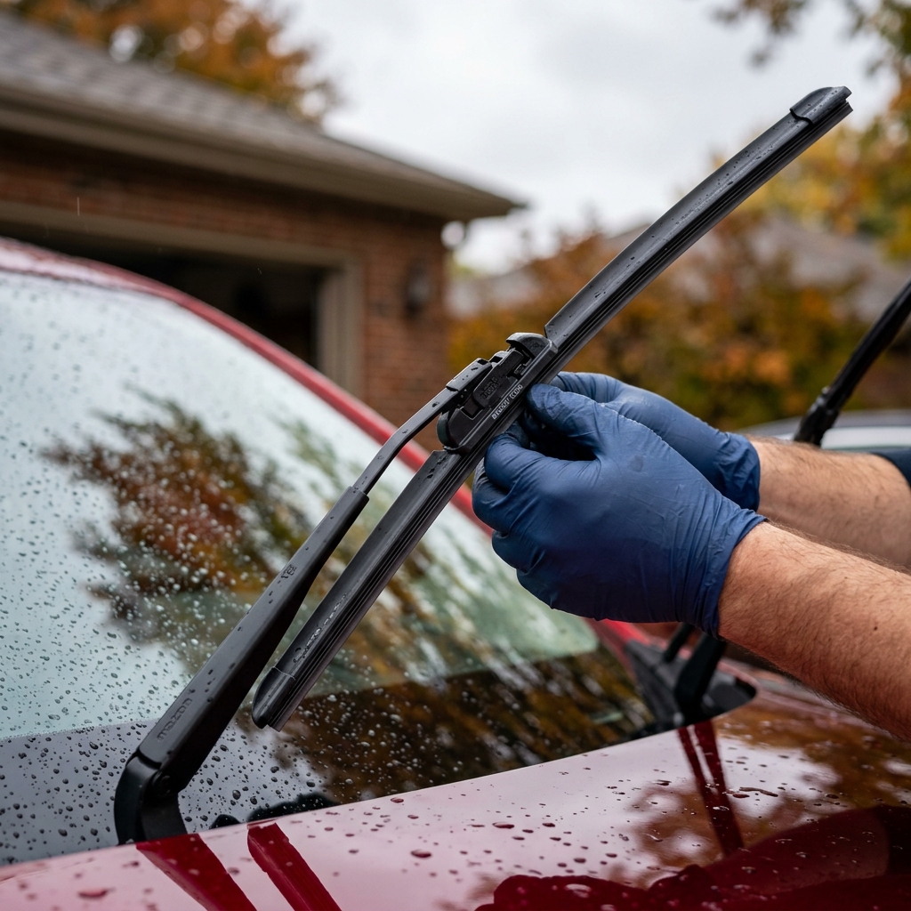 Person wearing blue nitrile gloves installing a new windshield wiper blade on a red car. (Representative image for illustration purposes only. Actual vehicle may vary based on trim and configuration.)