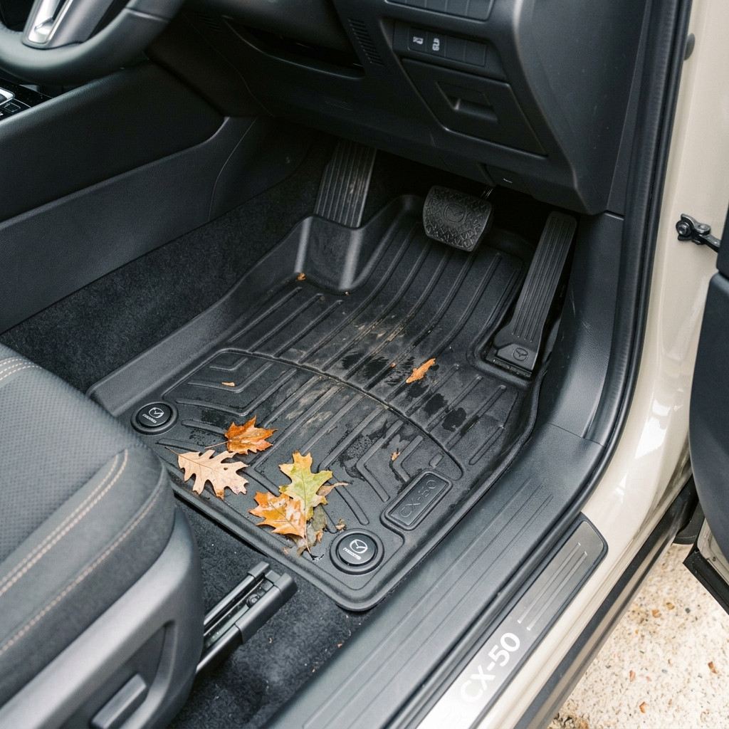 Black all-weather rubber floor mat with fallen autumn leaves inside a Mazda CX-50 driver footwell. (Representative image for illustration purposes only. Actual vehicle may vary based on trim and configuration.)