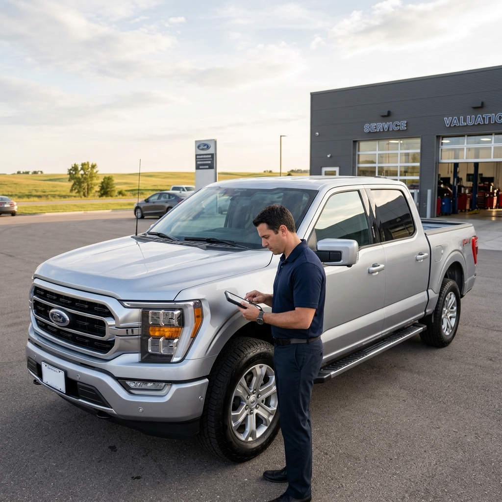 Service advisor using a tablet while standing next to a silver Ford F-150 truck outside a dealership service bay. (Representative image for illustration purposes only. Actual vehicle may vary based on trim and configuration.)