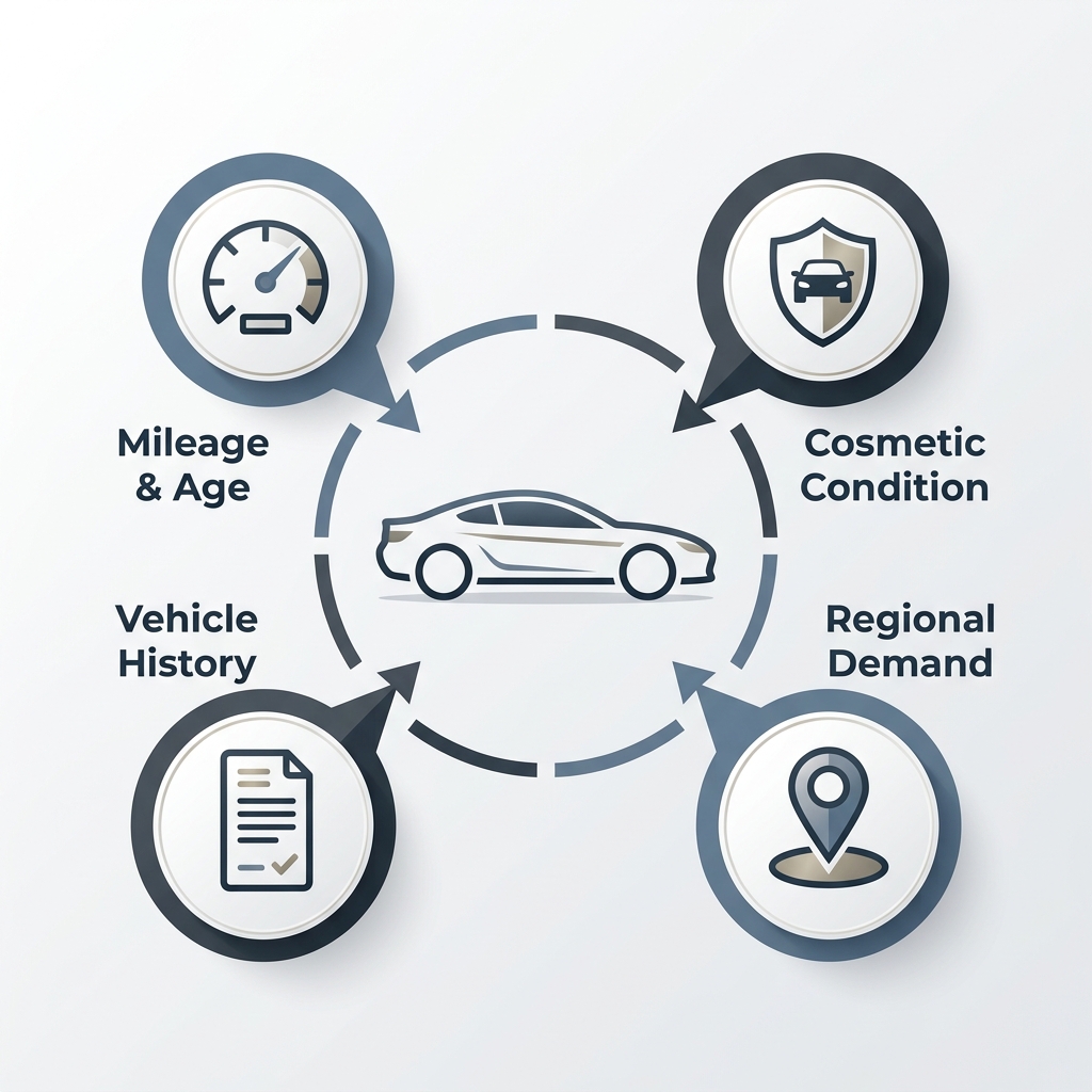 Infographic showing four car valuation factors: Mileage & Age, Cosmetic Condition, Vehicle History, and Regional Demand. (Representative image for illustration purposes only. Actual vehicle may vary based on trim and configuration.)