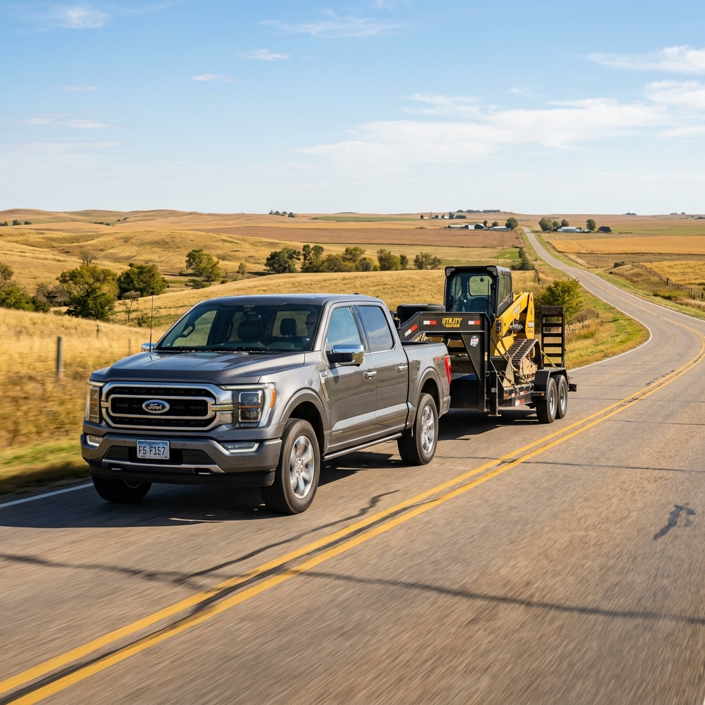 Grey Ford F-150 truck towing a trailer with a yellow skid steer loader down a rural two-lane road. (Representative image for illustration purposes only. Actual vehicle may vary based on trim and configuration.)