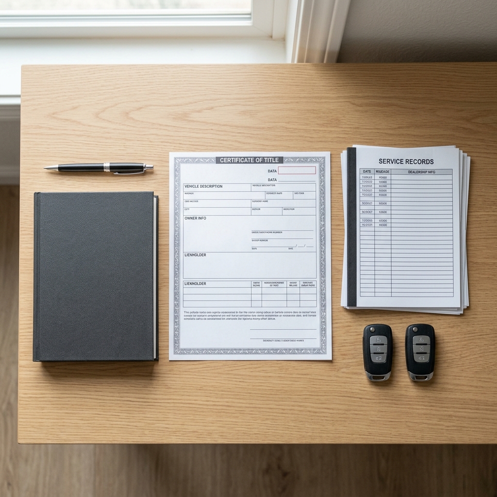 Vehicle certificate of title, service records, black notebook, pen, and two key fobs on a wooden desk. (Representative image for illustration purposes only. Actual vehicle may vary based on trim and configuration.)