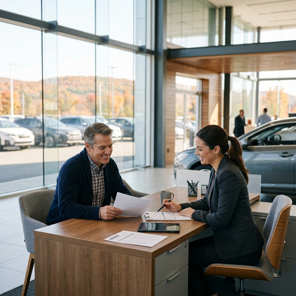 A smiling man and a sales representative reviewing documents at a desk inside a modern car dealership showroom. (Representative image for illustration purposes only. Actual vehicle may vary based on trim and configuration.)