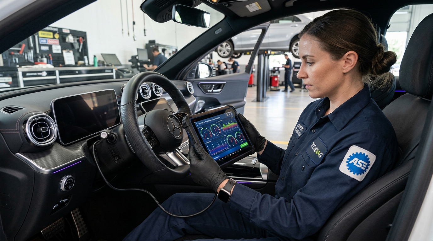 Female mechanic wearing black gloves sitting in a car while holding a diagnostic tablet connected to the dashboard. (Representative image for illustration purposes only. Actual vehicle may vary based on trim and configuration.)