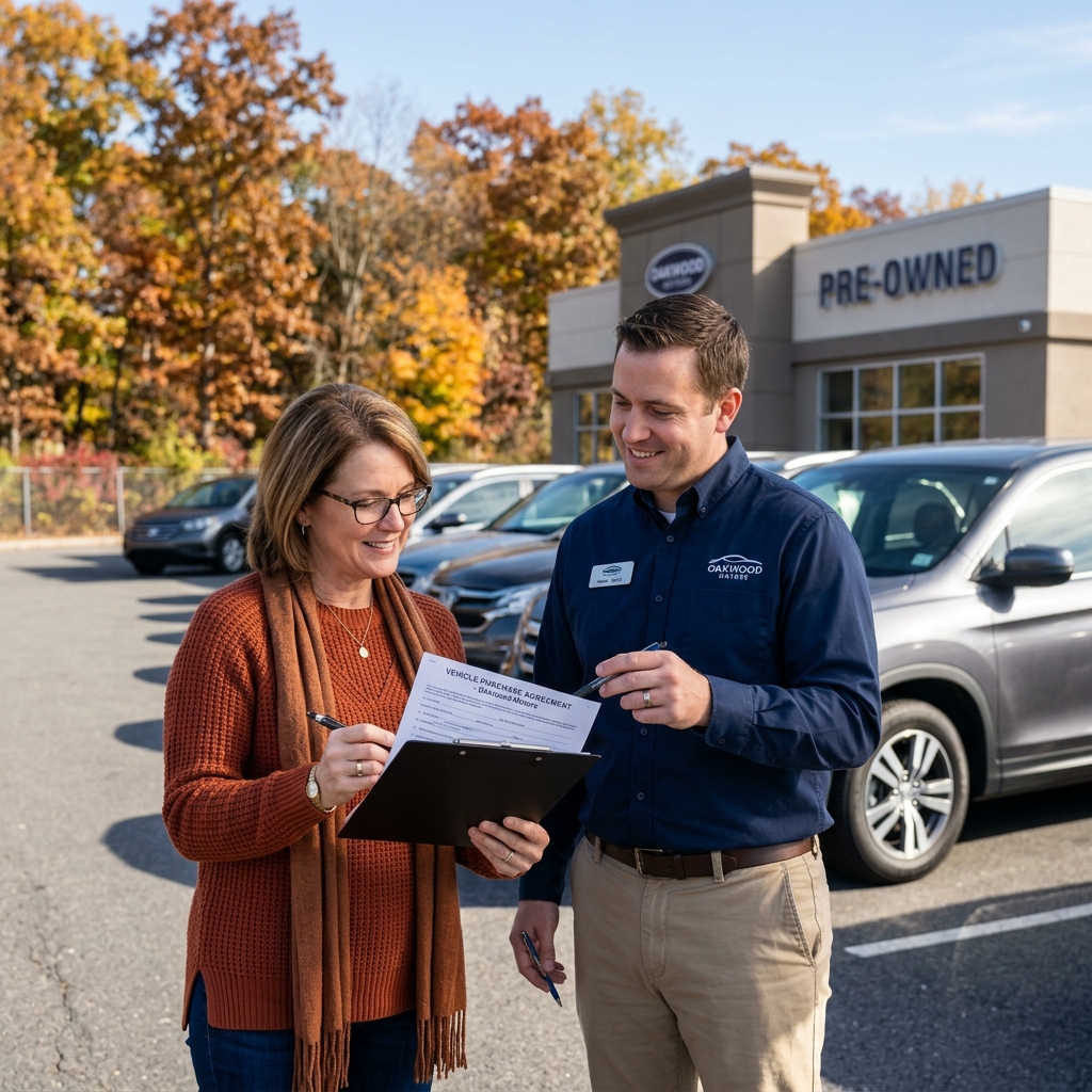 A woman holding a clipboard and pen while reviewing a vehicle purchase agreement with a smiling car salesman. (Representative image for illustration purposes only. Actual vehicle may vary based on trim and configuration.)