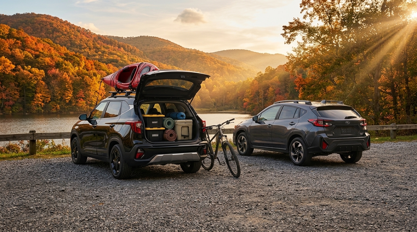 Two dark SUVs parked on gravel near a scenic lake surrounded by colorful autumn mountains, packed with outdoor gear. (Representative image for illustration purposes only. Actual vehicle may vary based on trim and configuration.)
