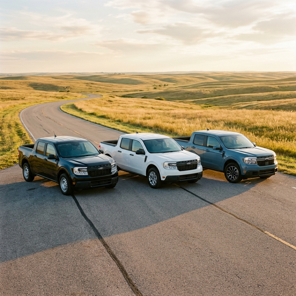 Three Ford Maverick pickup trucks in black, white, and blue parked side by side on a winding rural road. (Representative image for illustration purposes only. Actual vehicle may vary based on trim and configuration.)
