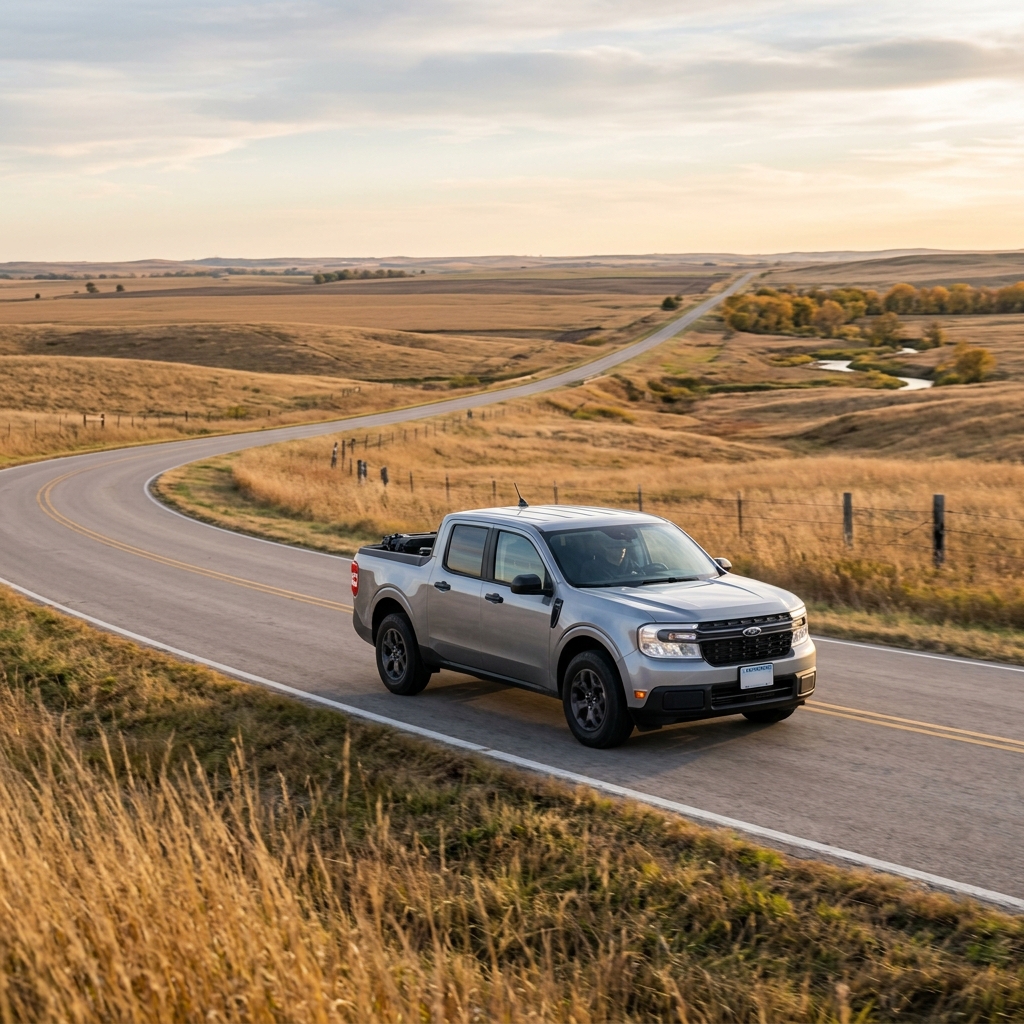 A silver Ford Maverick pickup truck driving along a winding asphalt road through golden rolling hills. (Representative image for illustration purposes only. Actual vehicle may vary based on trim and configuration.)