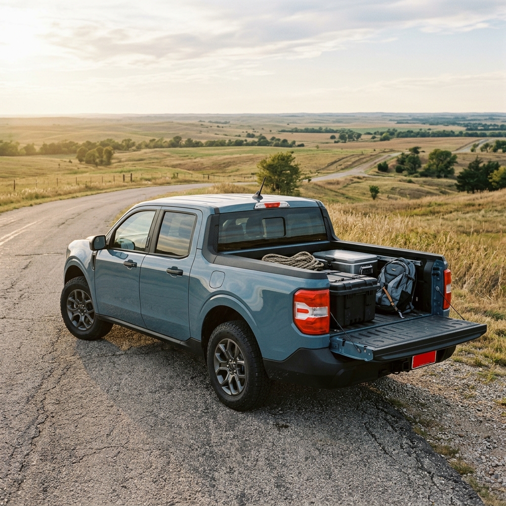 Light blue pickup truck parked on a rural road with open tailgate loaded with camping gear and a backpack. (Representative image for illustration purposes only. Actual vehicle may vary based on trim and configuration.)