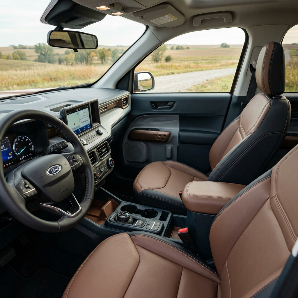 Modern Ford truck interior featuring two-tone brown leather seats, a digital dashboard, and center touchscreen console. (Representative image for illustration purposes only. Actual vehicle may vary based on trim and configuration.)