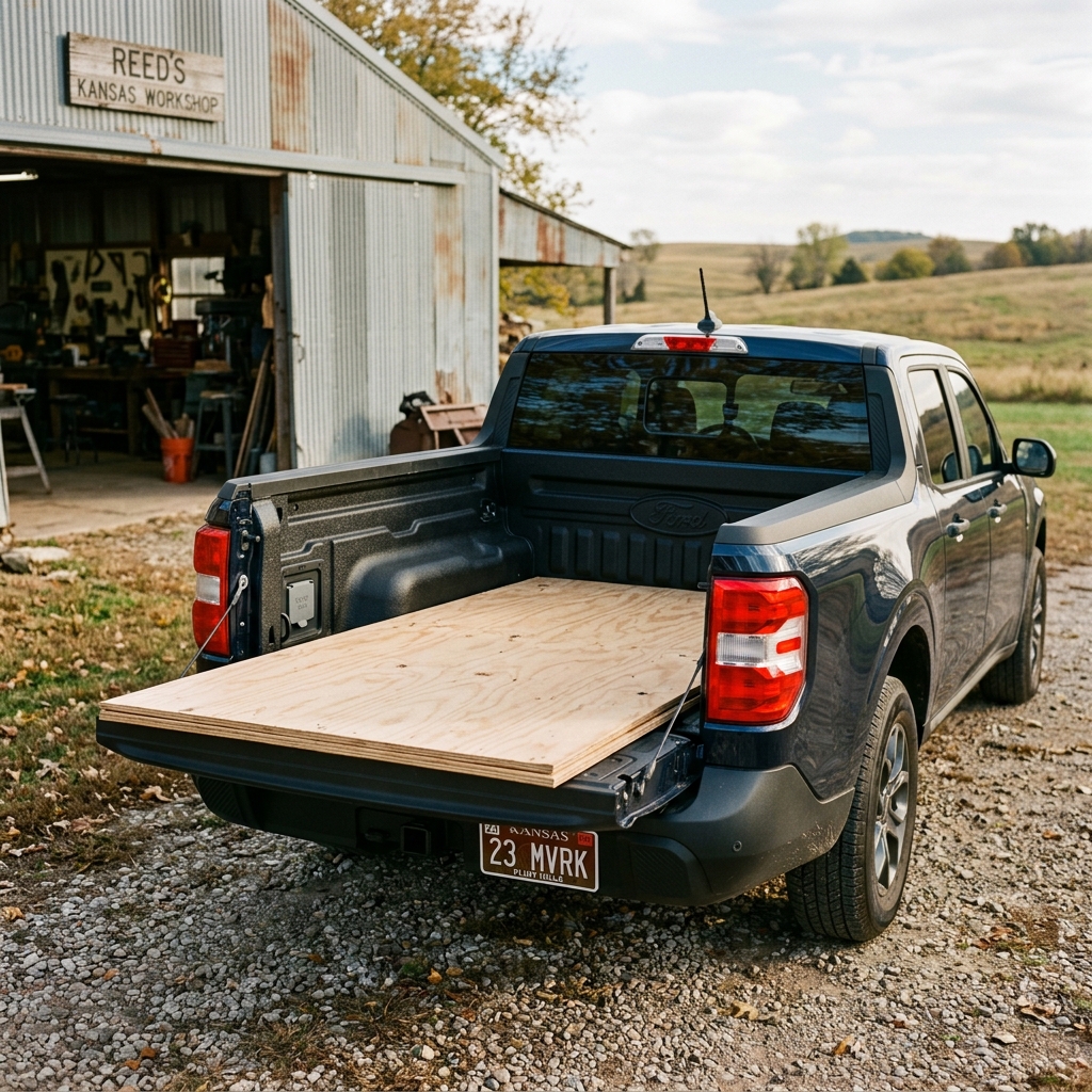 Blue Ford Maverick pickup truck with tailgate down, carrying plywood sheets outside a rural workshop. (Representative image for illustration purposes only. Actual vehicle may vary based on trim and configuration.)