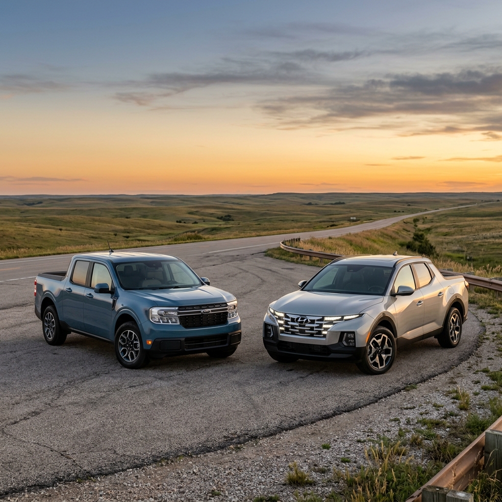 A blue Ford Maverick and silver Hyundai Santa Cruz parked side-by-side on a scenic rural road at sunset. (Representative image for illustration purposes only. Actual vehicle may vary based on trim and configuration.)