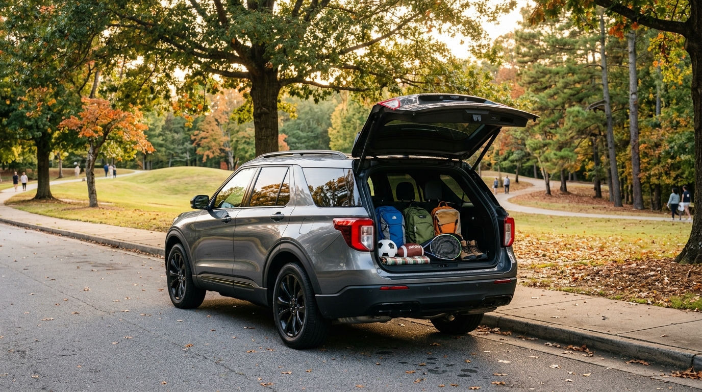 Dark gray SUV parked along a curb with its open trunk loaded with backpacks, a soccer ball, football, and tennis racket. (Representative image for illustration purposes only. Actual vehicle may vary based on trim and configuration.)