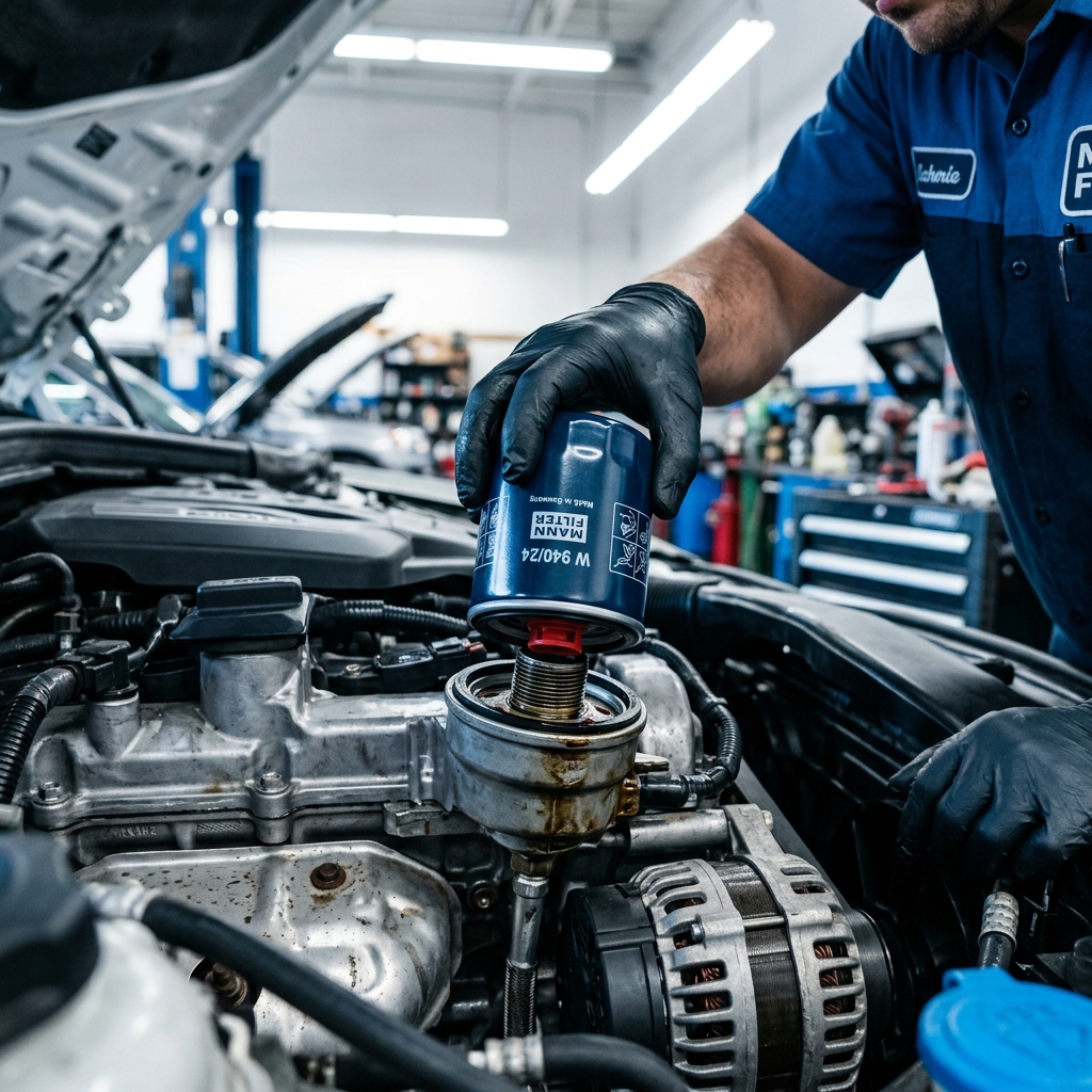 Mechanic wearing black gloves installing a blue MANN oil filter onto a car engine in a repair shop. (Representative image for illustration purposes only. Actual vehicle may vary based on trim and configuration.)