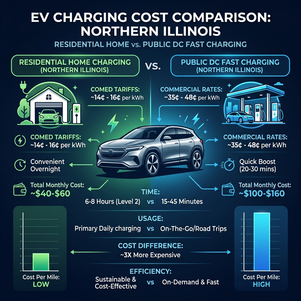 Infographic comparing residential home EV charging costs versus public DC fast charging in Northern Illinois. (Representative image for illustration purposes only. Actual vehicle may vary based on trim and configuration.)