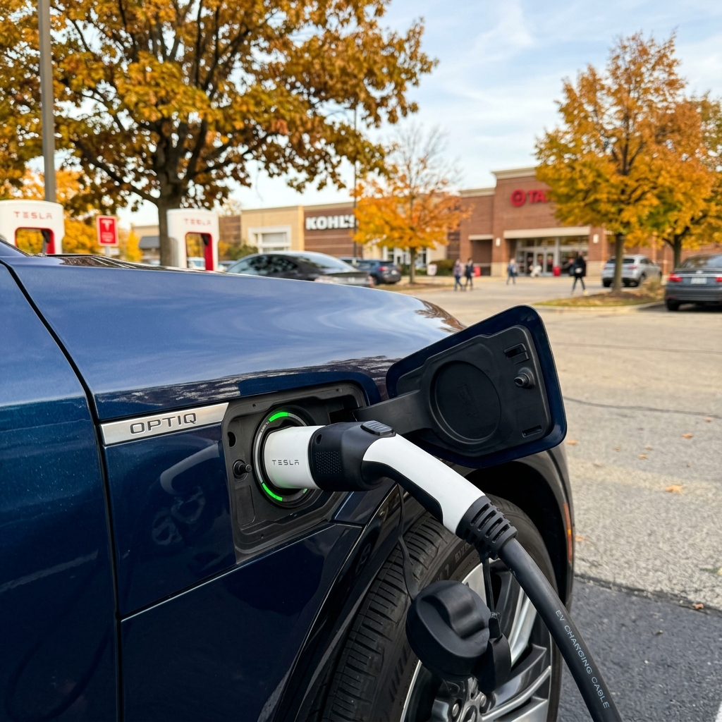A metallic blue Cadillac OPTIQ electric vehicle plugged into a Tesla charger with a green glowing status indicator. (Representative image for illustration purposes only. Actual vehicle may vary based on trim and configuration.)