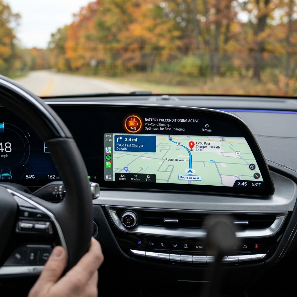 View from inside an electric car showing navigation and a battery preconditioning active status on the dashboard screen. (Representative image for illustration purposes only. Actual vehicle may vary based on trim and configuration.)