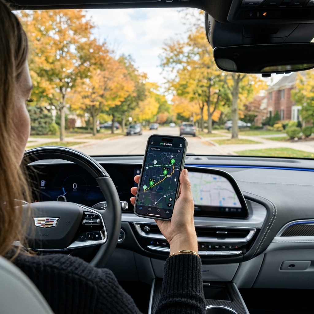A woman holding a smartphone showing an EV charging map while sitting behind the steering wheel of a Cadillac. (Representative image for illustration purposes only. Actual vehicle may vary based on trim and configuration.)
