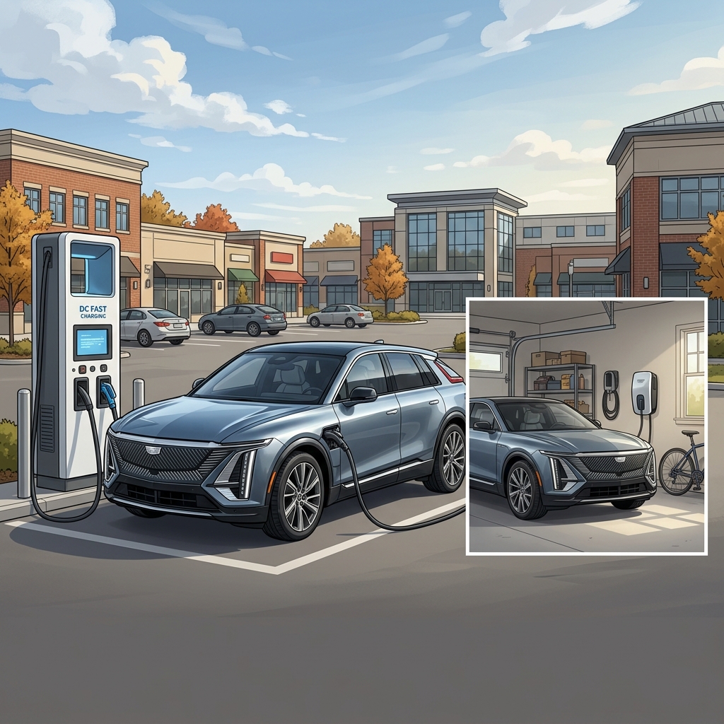 Illustration of an electric SUV charging at a public DC fast station, with an inset of home garage charging. (Representative image for illustration purposes only. Actual vehicle may vary based on trim and configuration.)