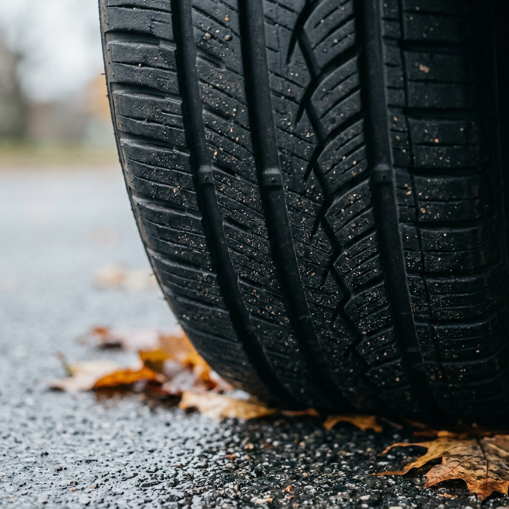 Close-up of a black car tire tread resting on wet asphalt surrounded by fallen autumn leaves. (Representative image for illustration purposes only. Actual vehicle may vary based on trim and configuration.)