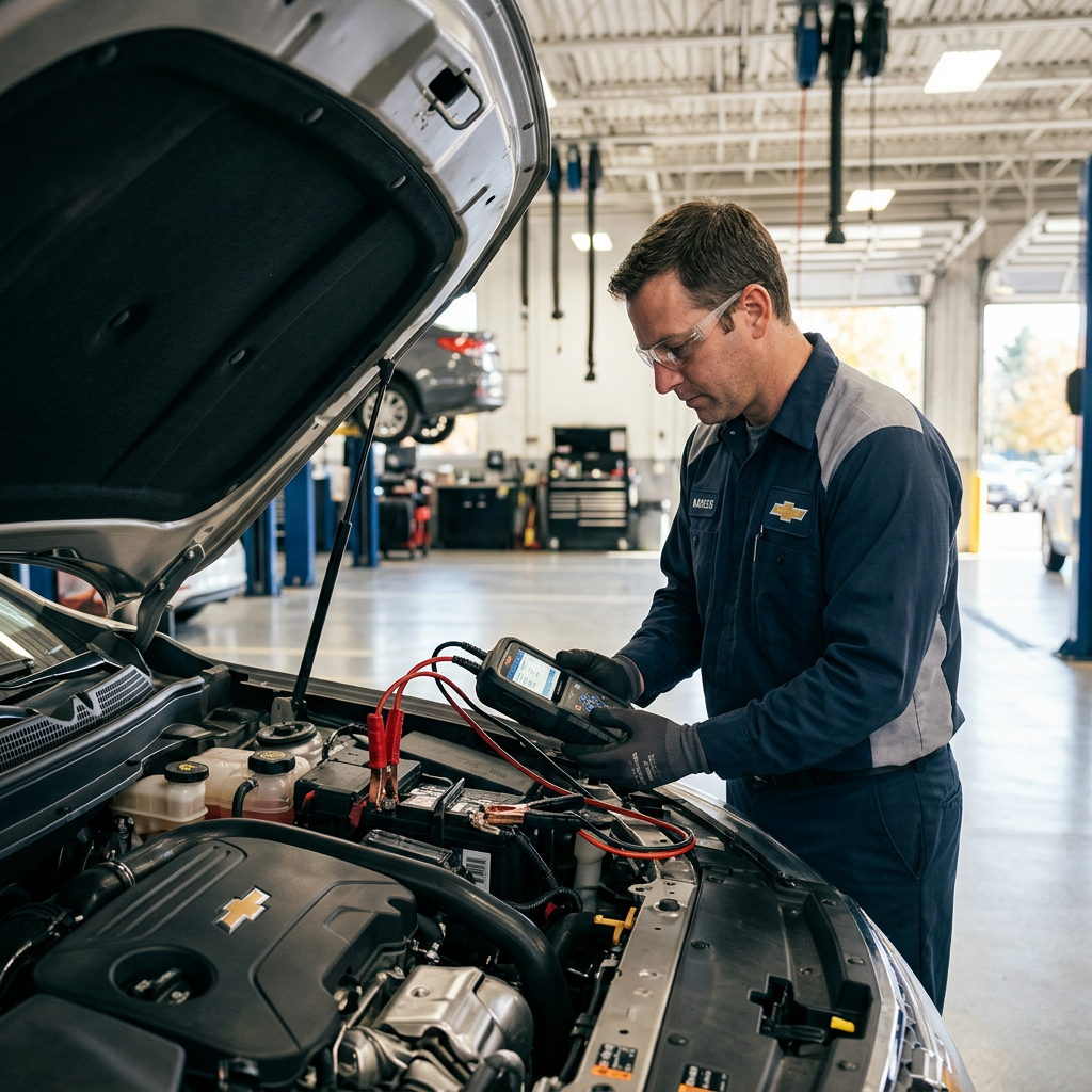 A Chevrolet service technician using a digital diagnostic tool connected to a car engine in an auto shop. (Representative image for illustration purposes only. Actual vehicle may vary based on trim and configuration.)