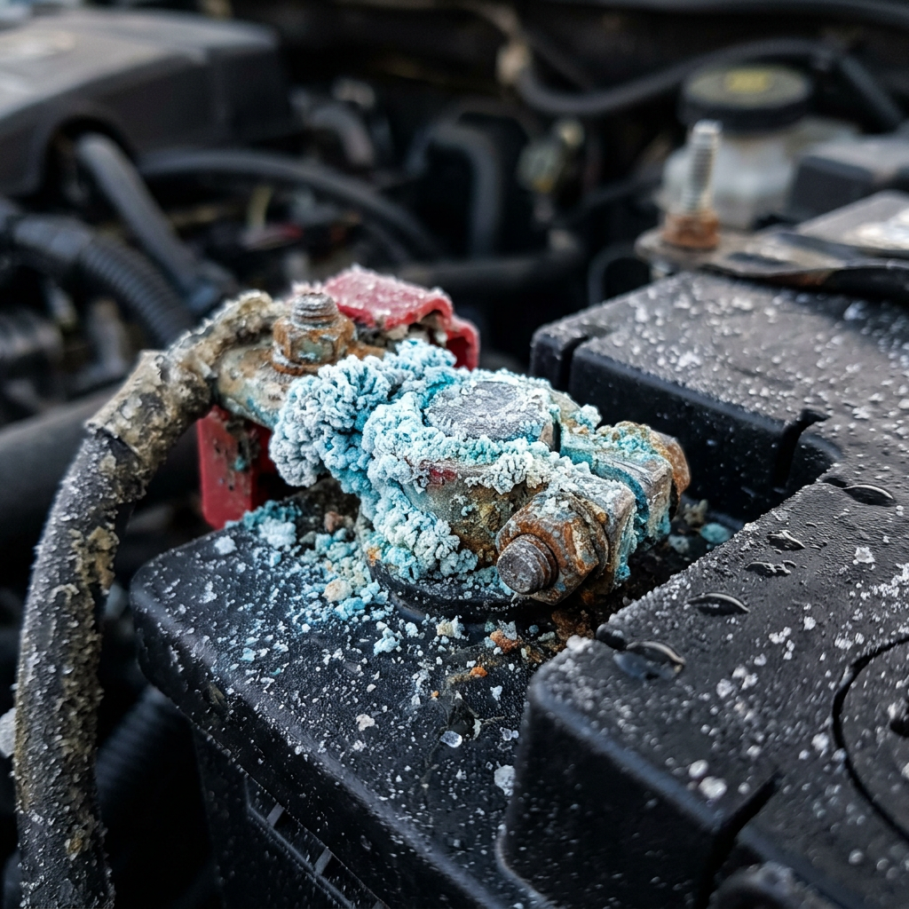 Heavy blue and white corrosion buildup covering a car battery terminal connection inside an engine bay. (Representative image for illustration purposes only. Actual vehicle may vary based on trim and configuration.)