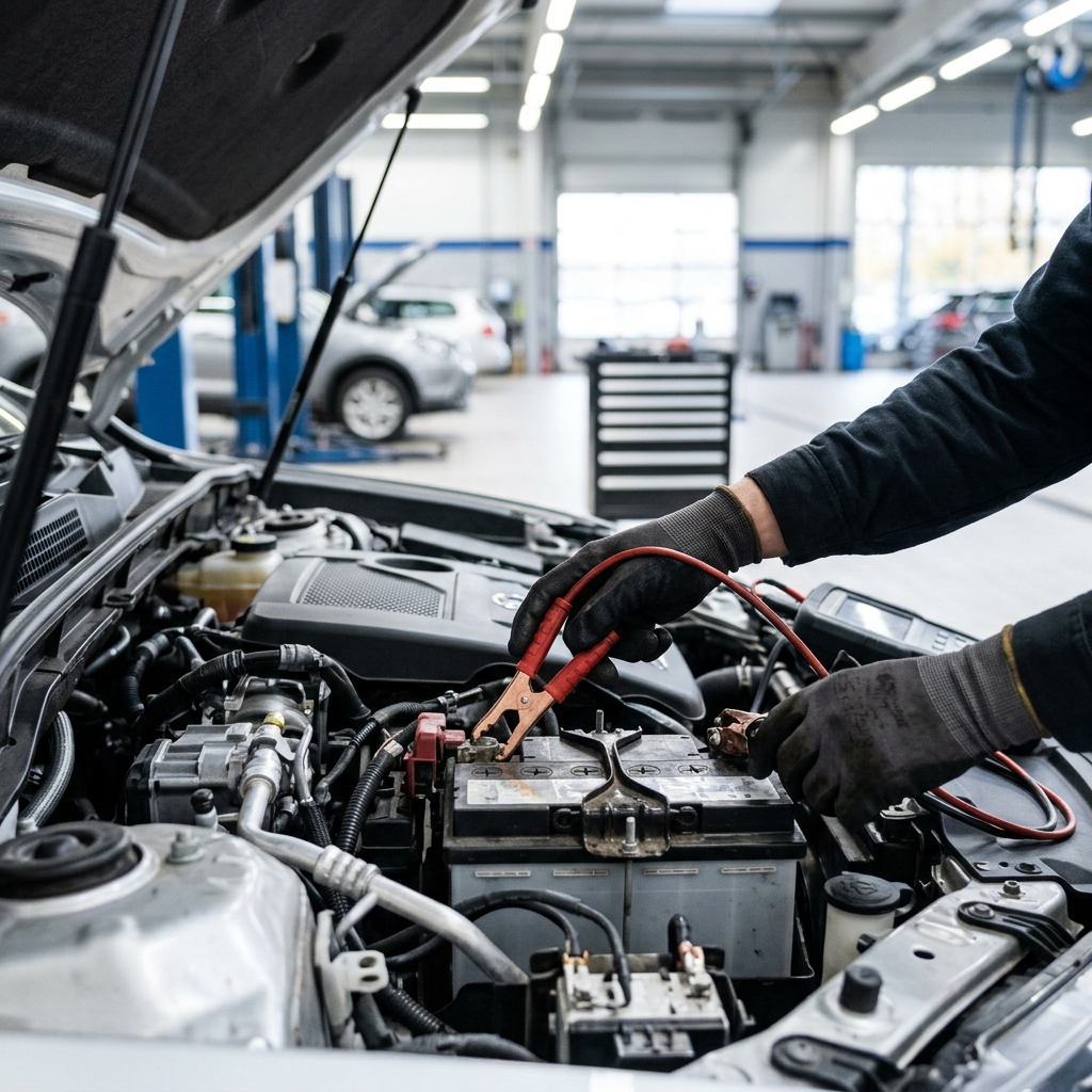 Mechanic wearing gloves attaches red booster clamp to a car battery terminal under an open hood in a workshop. (Representative image for illustration purposes only. Actual vehicle may vary based on trim and configuration.)